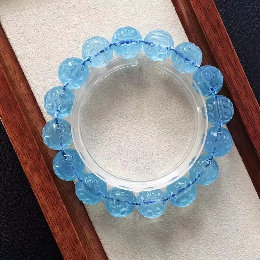 Natural Blue Aquamarine Beads Bracelet Women Men Brazil Carved 12mm Blue Aquamarine Jewelry AAAAA