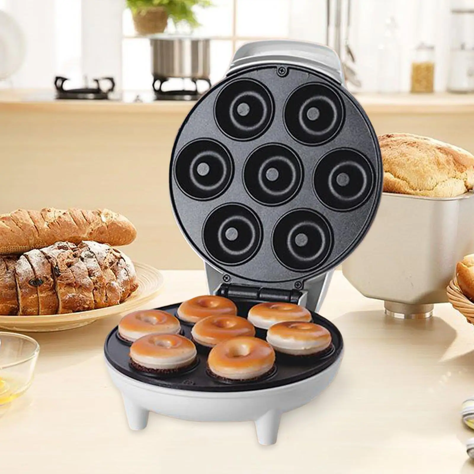 Mini Donut Maker Machine Easy to Use Nonstick Makes 7 Small Doughnuts 750W Cake Machine Waffle Iron for Commercial Use Household