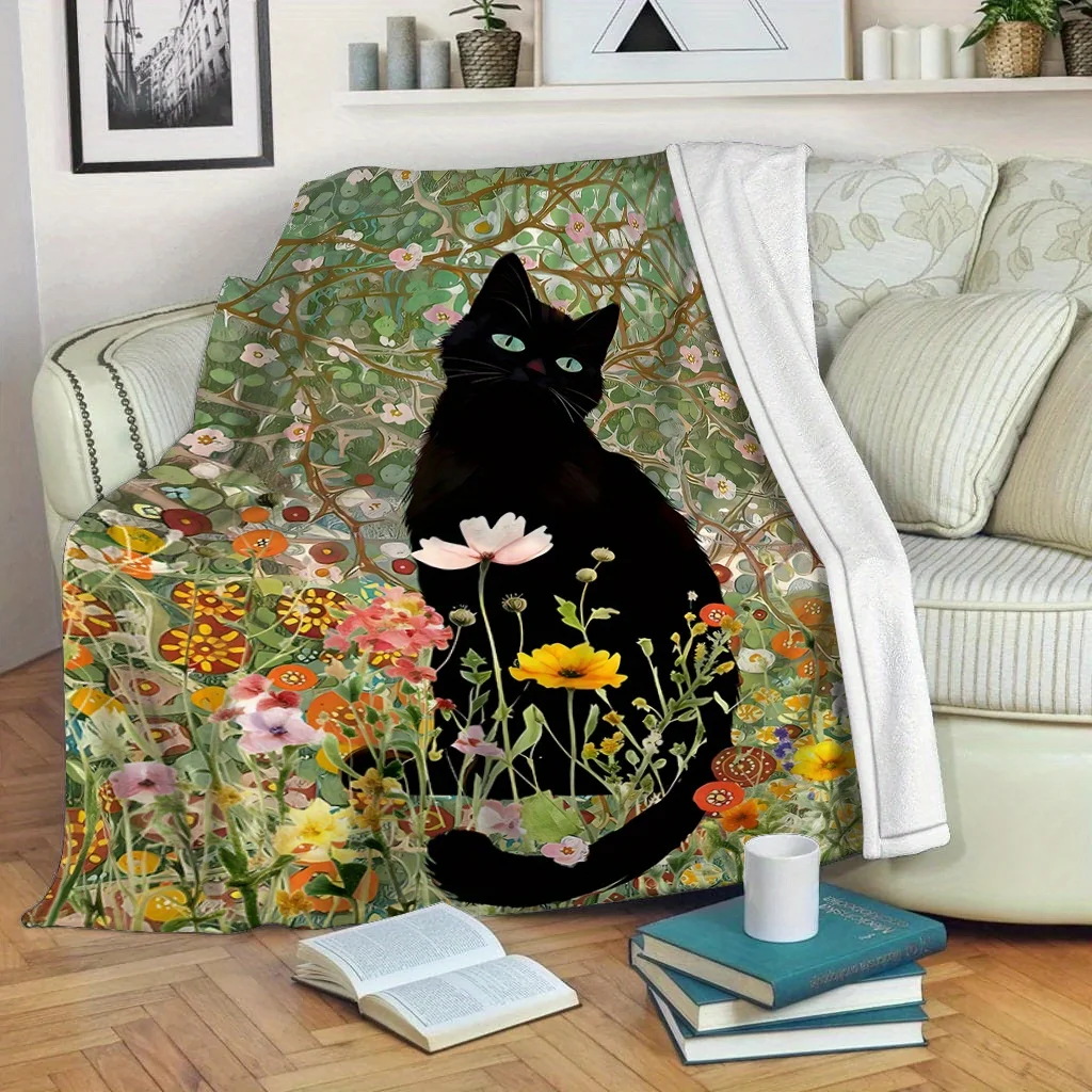 Black Cat Throw Blanket Kitty Surrounded By Colorful Wildflowers Vintage Botanical Garden Art Decor For Bedroom Couch Blanket