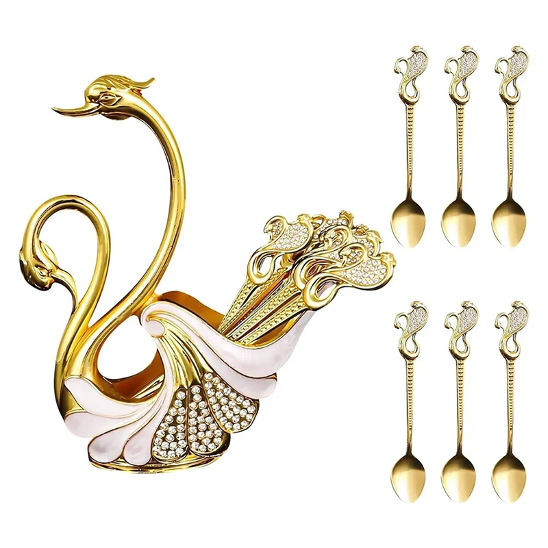 

A33Z-Decorative Metal Swan Base Coffee Spoon Holder With 6Pcs Spoons Set, Coffee Tea Spoon Set With Holder, Tableware Storage