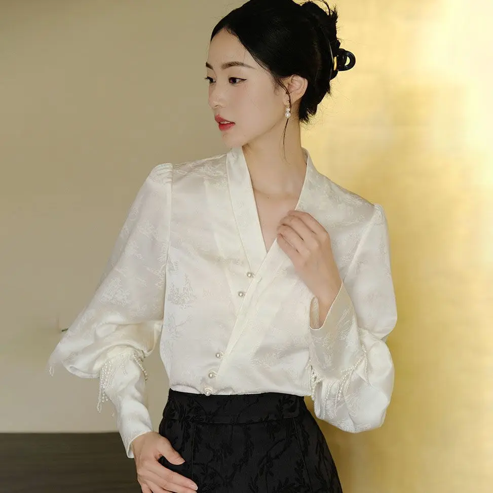 Chinese Style Knot Button Tassel Shirt 2026 Women Spring Autumn V-Neck Puff Sleeve Blouses Femme Elegant Retro Hanfu Shirt Top