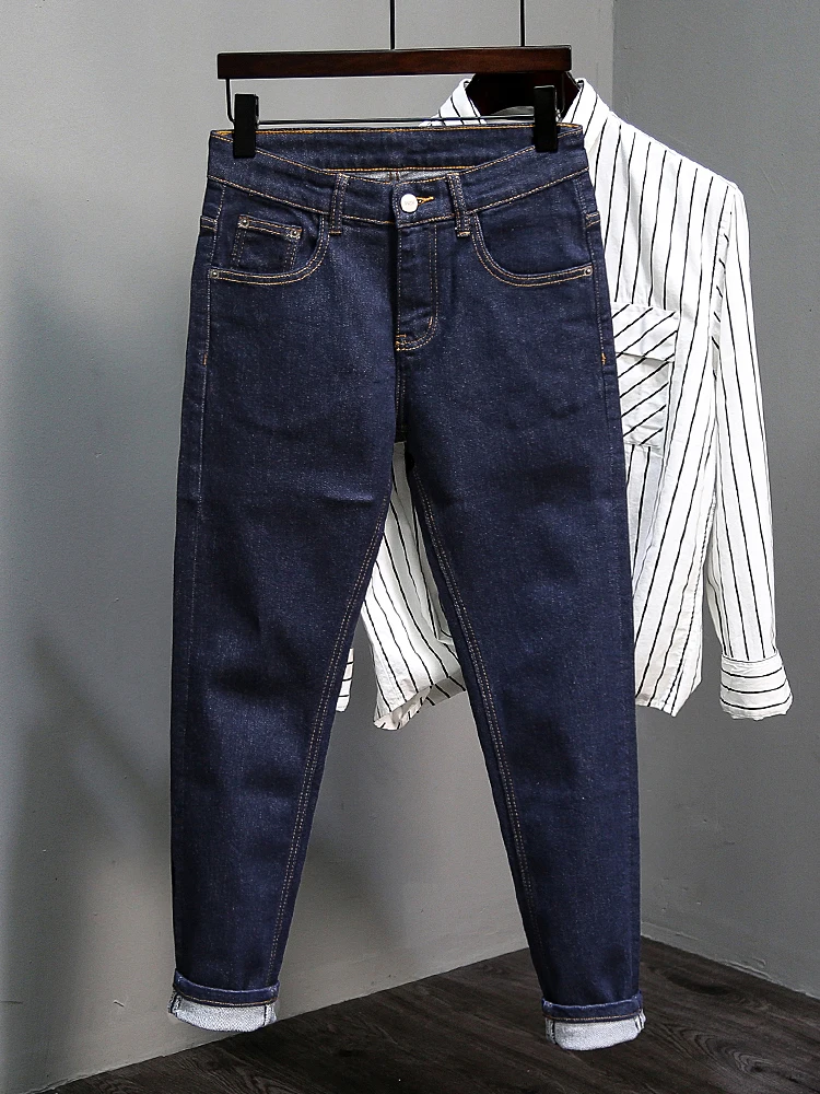 

Slim Straight Men's Jeans mid Waist Long Cotton Stretch Denim Retro American High Street Original Color Casual Wear Winter