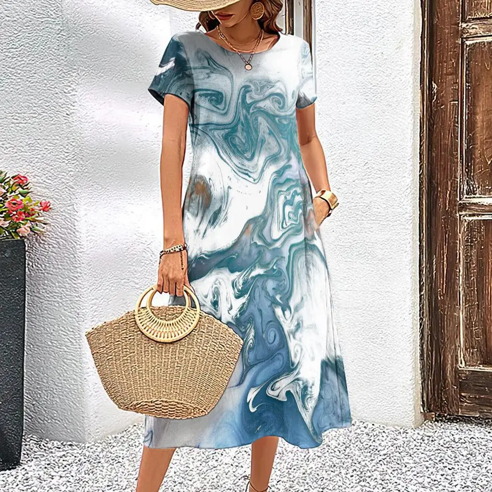 2024 Fashion Dress With Ink Painting Women's Summer Dresses Solid Color Elegant Dress Round Neck Short Sleeved Knee Length Skirt