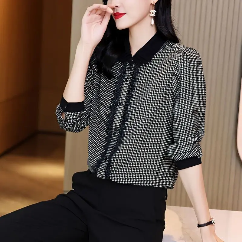 Mode Revers Gesplitst Kant Bedrukt Houndstooth Shirts Dames Kleding 2024 Herfst Nieuwe Losse Elegante Tops Office Dame Blouses