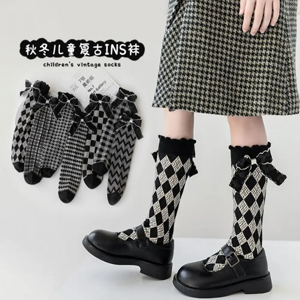 Children's classic retro ins socks without heel cotton bow girls plaid socks children's socks