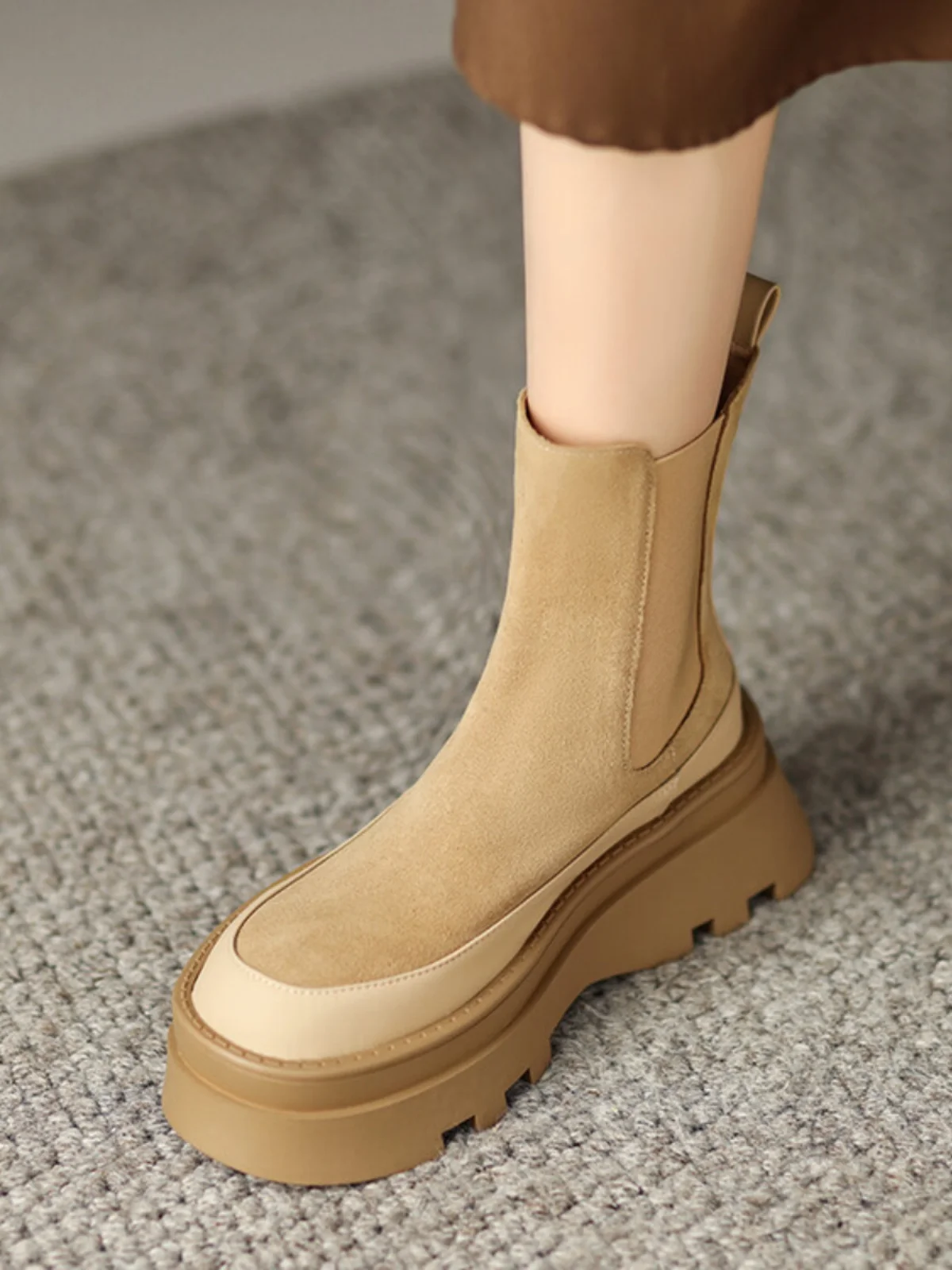 

Briti Sle Chelsea Boots Women's Winter Fce Lined Thi Bot Platform round Toe ort Boots High Heel Slope Heel Padding