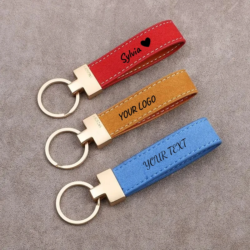 

Vintage Suede Leather Keychain T Buckle Custom LOGO Text Laser Engrave Car Key Ring Personalized Key Chain for Women Men Company