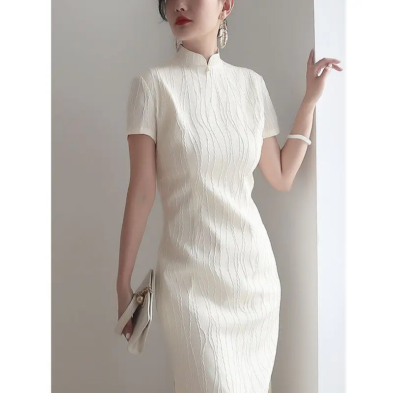 Qipao chino de manga corta, elegante, vintage, blanco, novedad de 2024