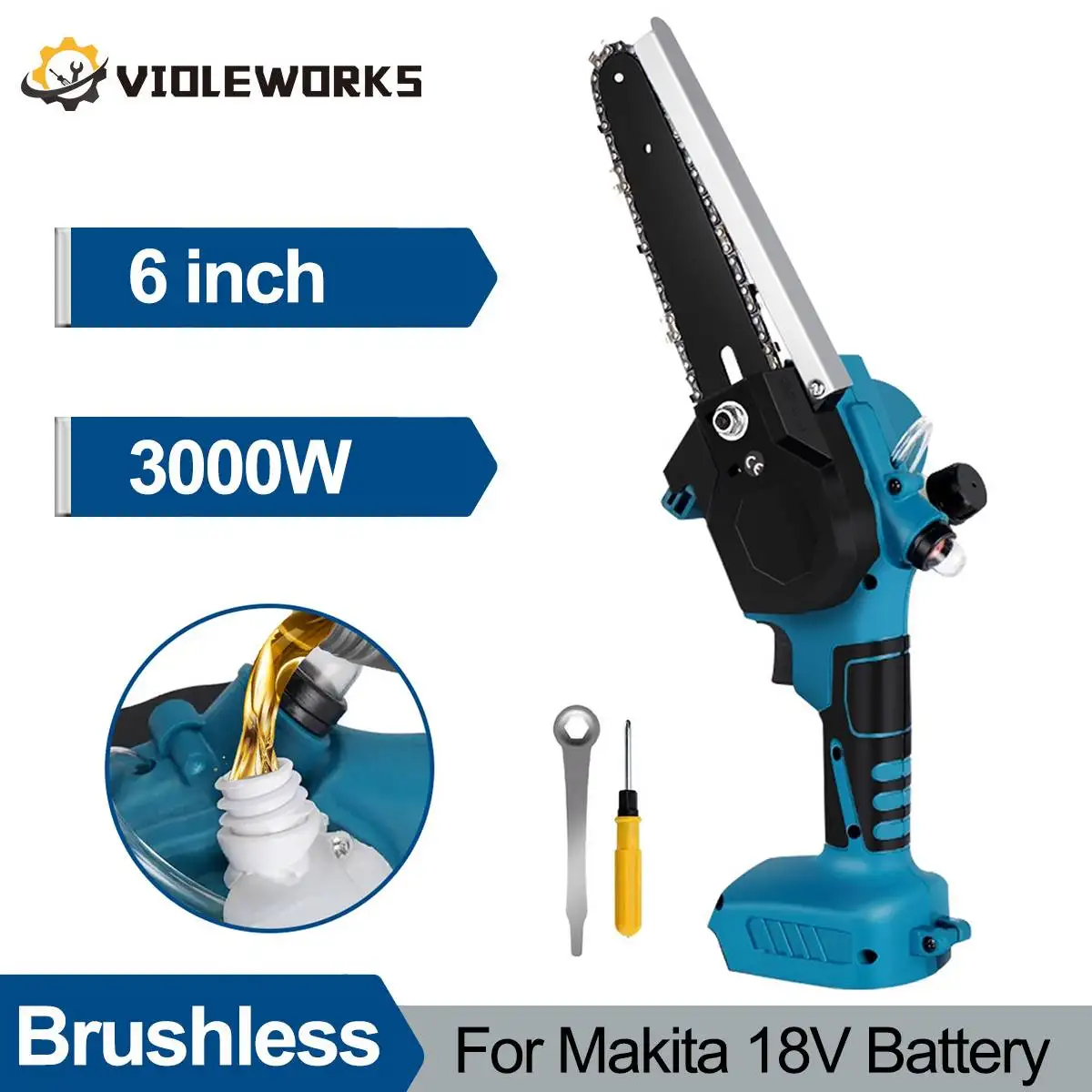 

6" Brushless Electric Chainsaw Automatic Oil Filling Cordless Saw Tree Branches Cutter Garden Power Tool for Makita 18V Battery