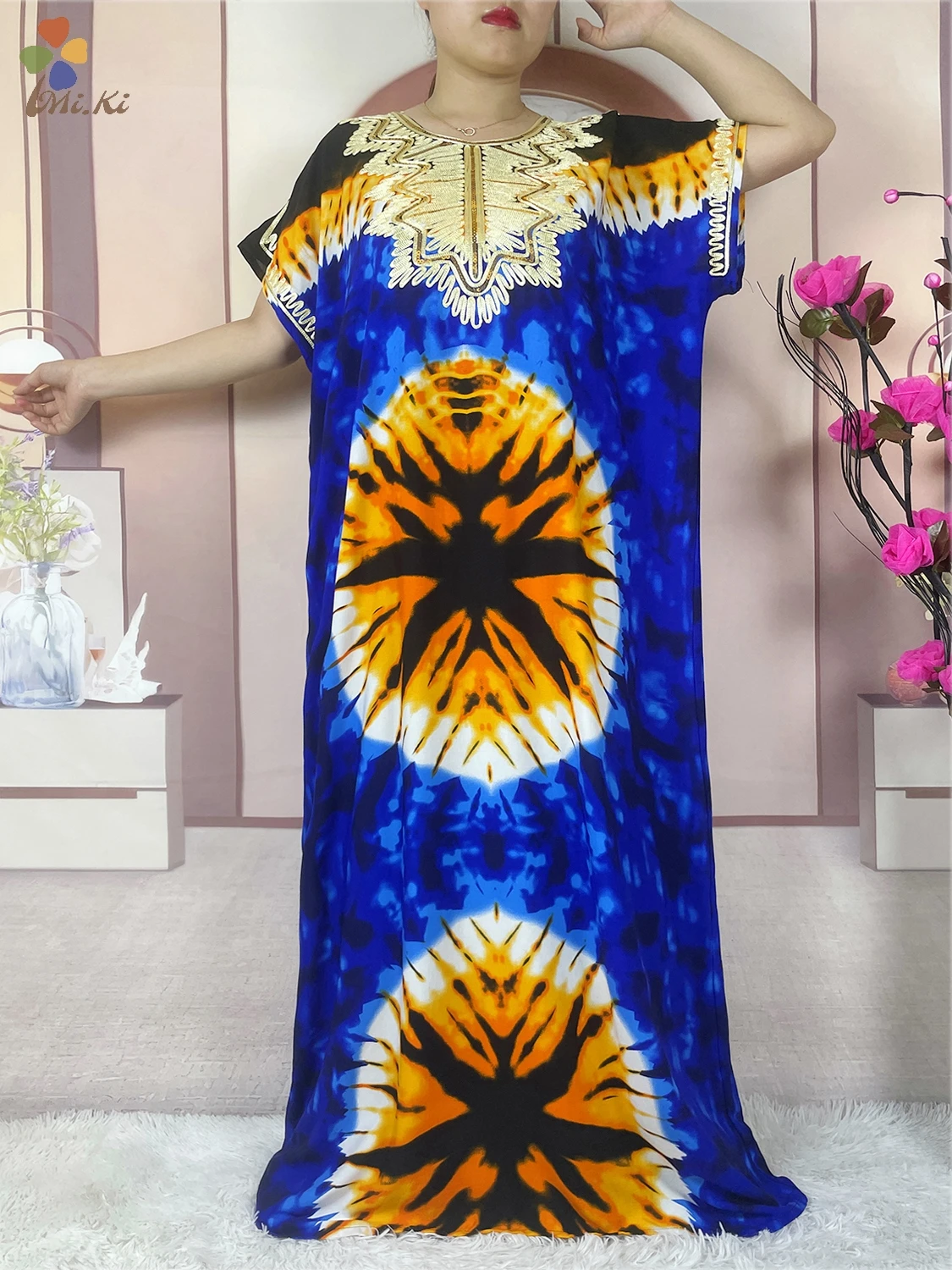 2024 New African Women Embroidered Sequin Dress Tie Dyed Loose Cotton Robe Dshiki Maxi Robe Femme Islamic Women Summer Clothing