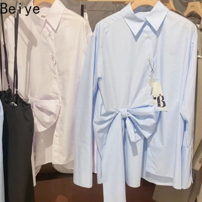Irregular Bow Solid Color Shirt for Women Oversized Loose Bow Knot Tie Blouse Female Lapel Collar Long Sleeve Shirt Tops