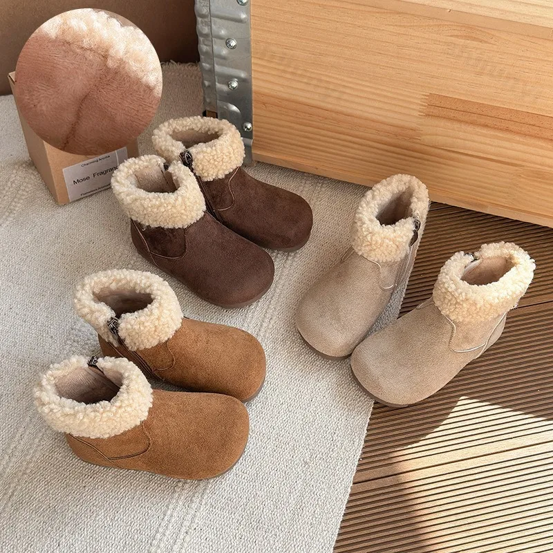 

Children Snow Boots 2025 Winter Warm Plush Comfortable Anti Slip Casual Cotton Shoes Flat Toddler Zipper Cold-proof Short Boots