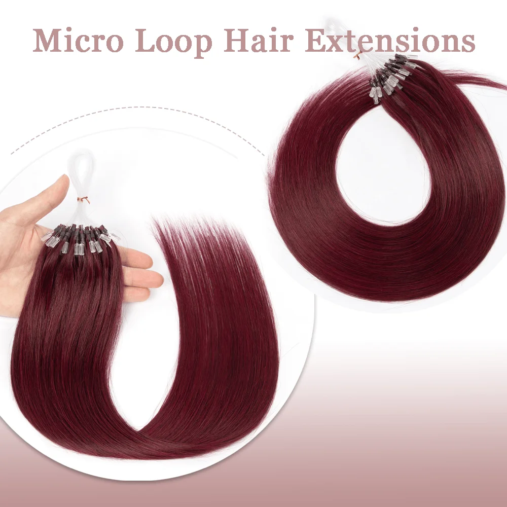 وصلات شعر بحلقة صغيرة من الشعر البشري الحقيقي باللون العنابي، شعر مستقيم للنساء، نهايات طبيعية، تركيب بسيط، يمكن إعادة الاستخدام، 50 قطعة