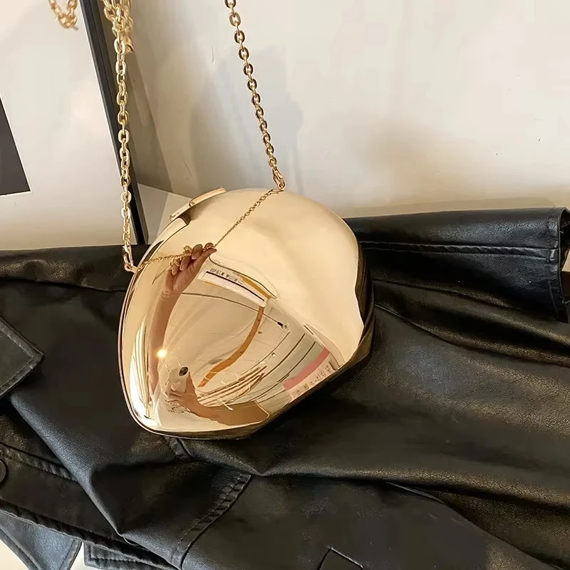 

Acrylic shell shaped handbag, gold and silver women's party bag, shiny metal shoulder width bag, small wallet