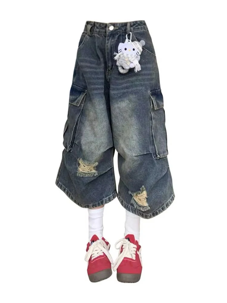 

Women Baggy Ripped Cargo Jeans Harajuku Vintage Y2k Oversize Calf Length Denim Trousers Japanese 2000s Style Jeans Pants Clothes