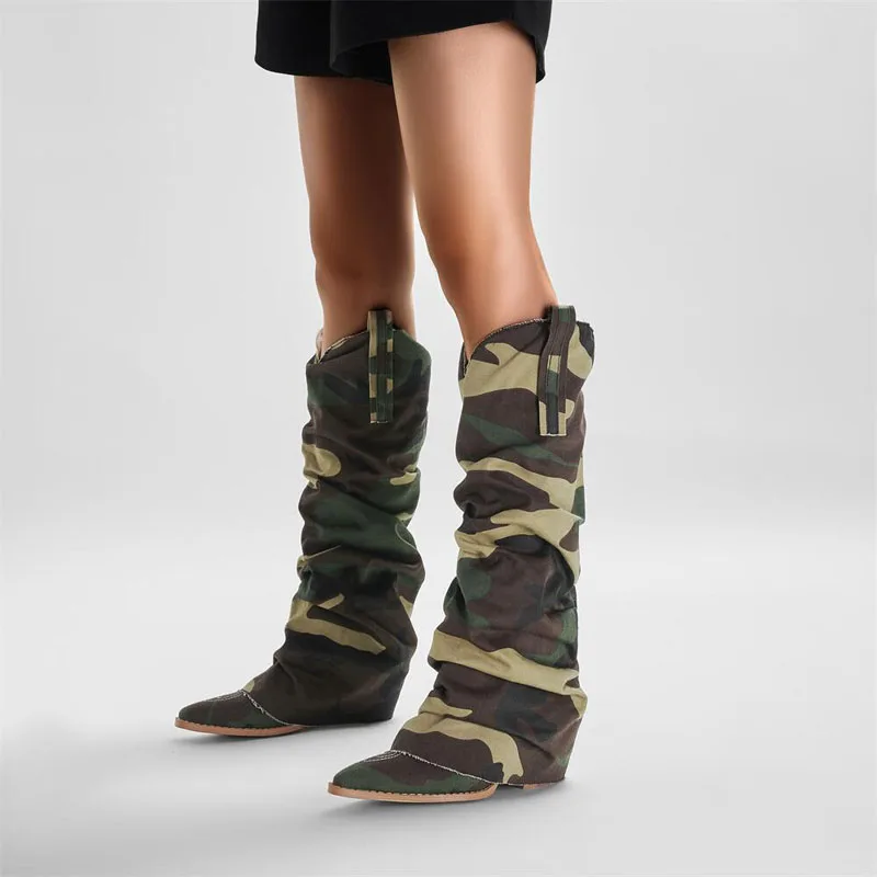 

Fashion hidden Chunky Heels Fold-over Camouflage Denim Knee Boots Embroidery Pointed Toe Patchwork Slip On Mid Boots