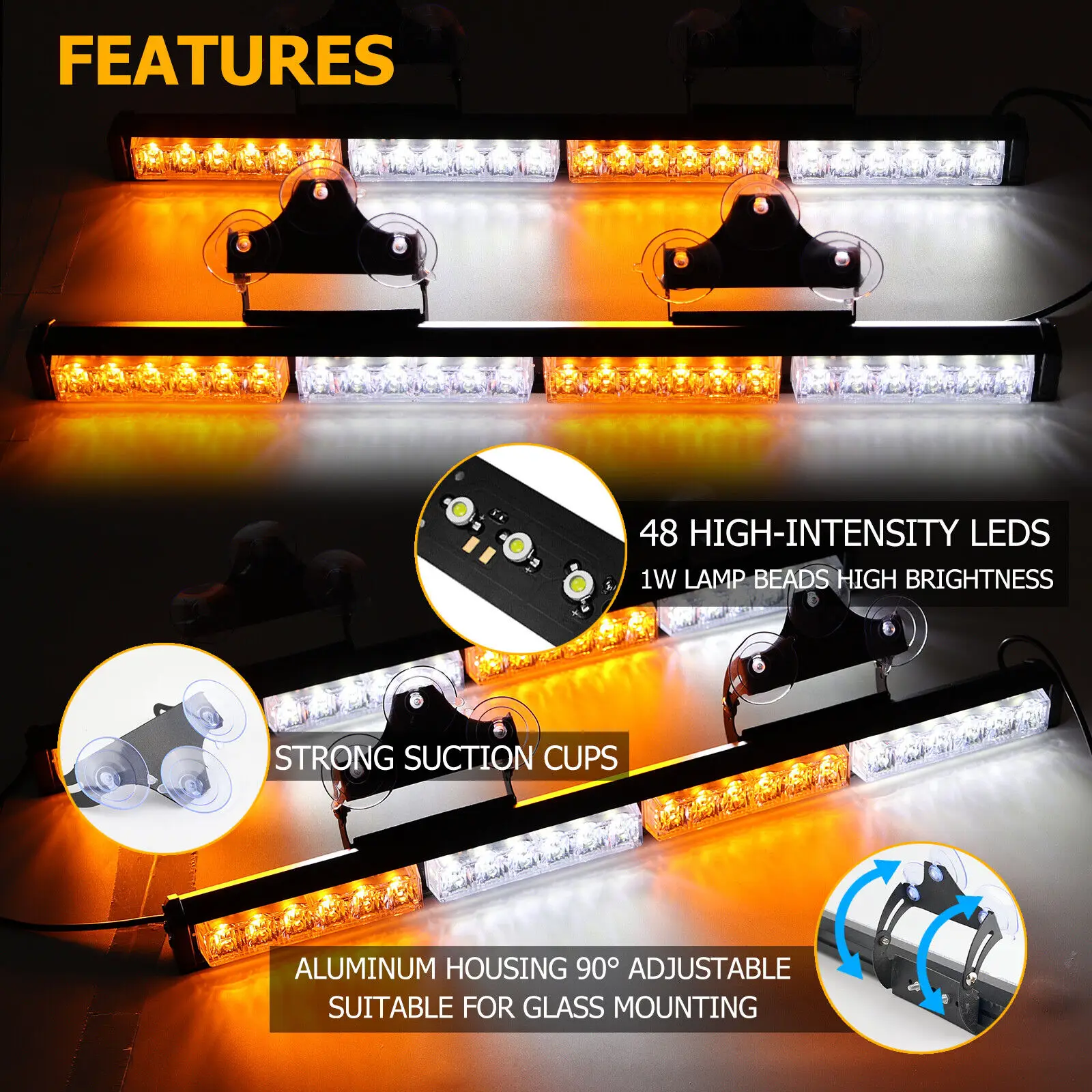 2 x White Yellow LED Windshield Strobe Light Emergency Flash Warning Lamp Memory