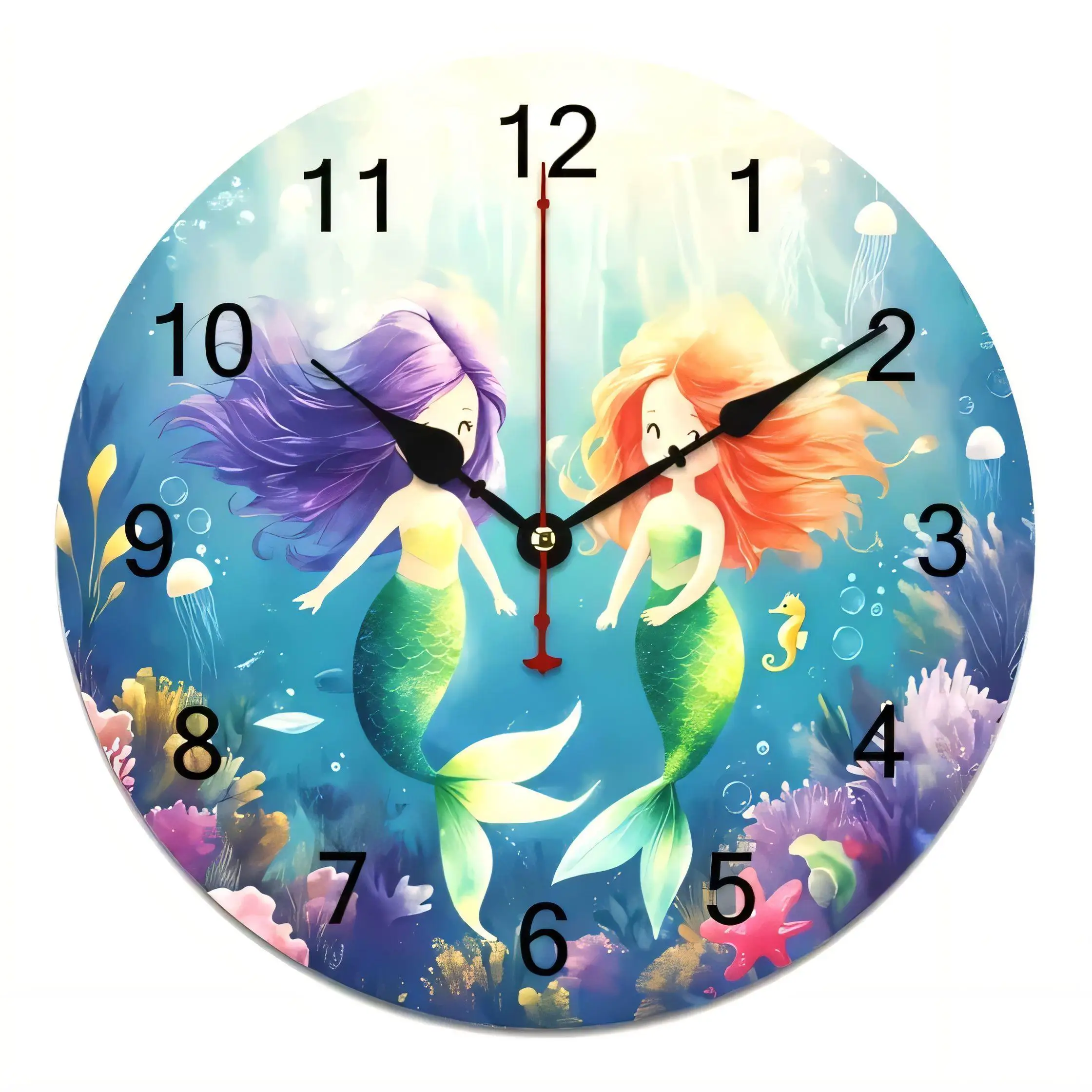 Whimsical Underwater Mermaid Round Wall Clock  Cartoon Decor for Kids Room Blue Ocean Coral Sea Creatures