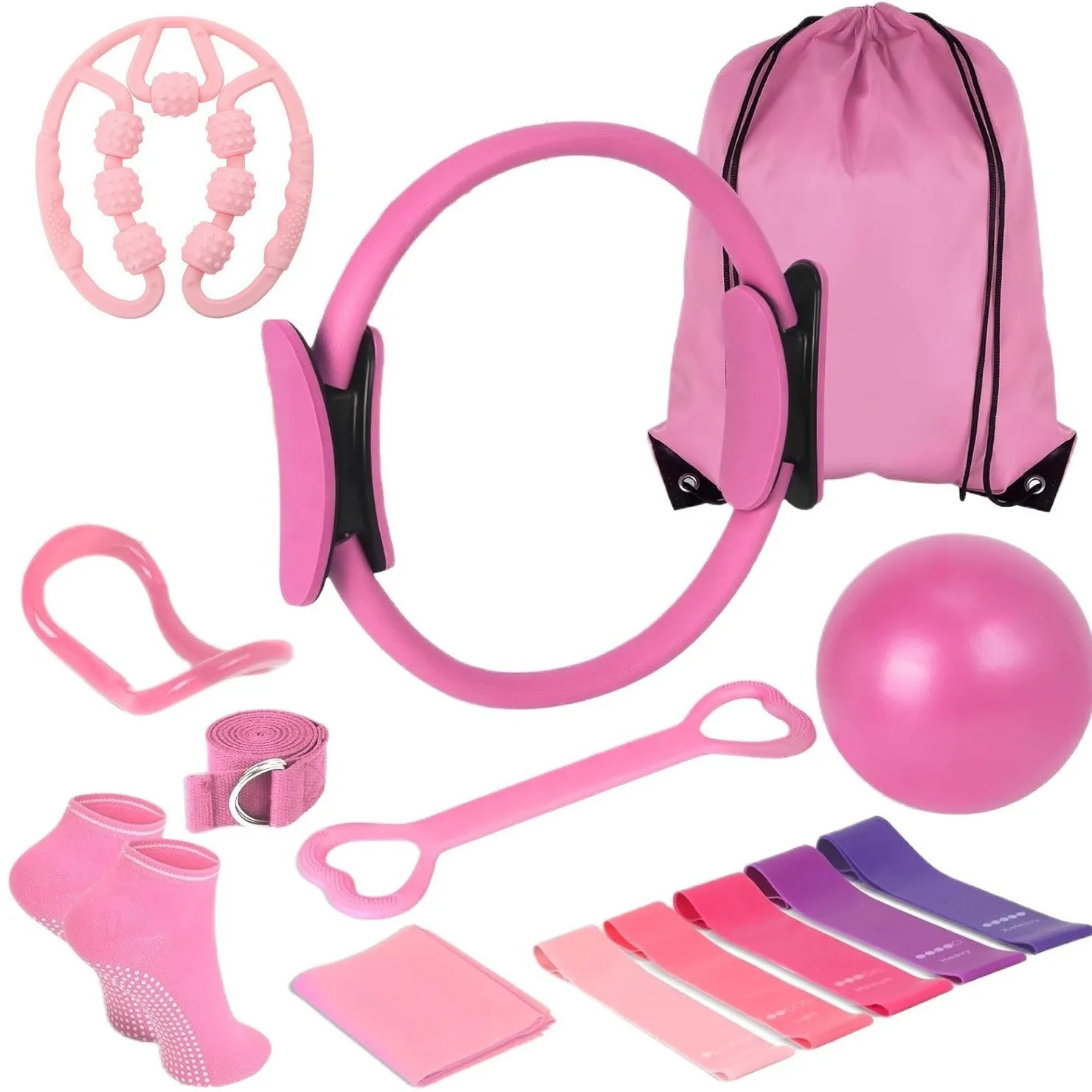 5 Pcs Pilates Training Kit, Resistance Bands & Yoga Ring Multifunctional Yoga Stretch Assist Home Workout Portable Equipment