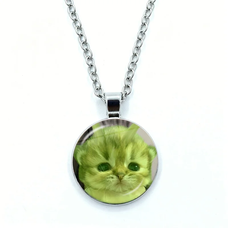 Cute Green Alien Cat Necklace for Women Jewelry Cartoon Animal Cabochon Glass Pendant Fashion Statement Crystal Necklace