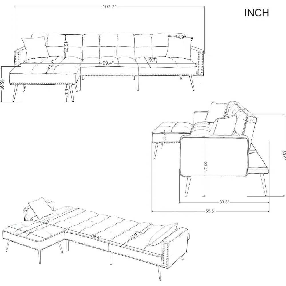 L-Shaped Futon Tufted Sofa&Couch Corner Sectional Sofa Convertible Sleeper Couch Bed with Reversible Chaise Lounge,Pillows,