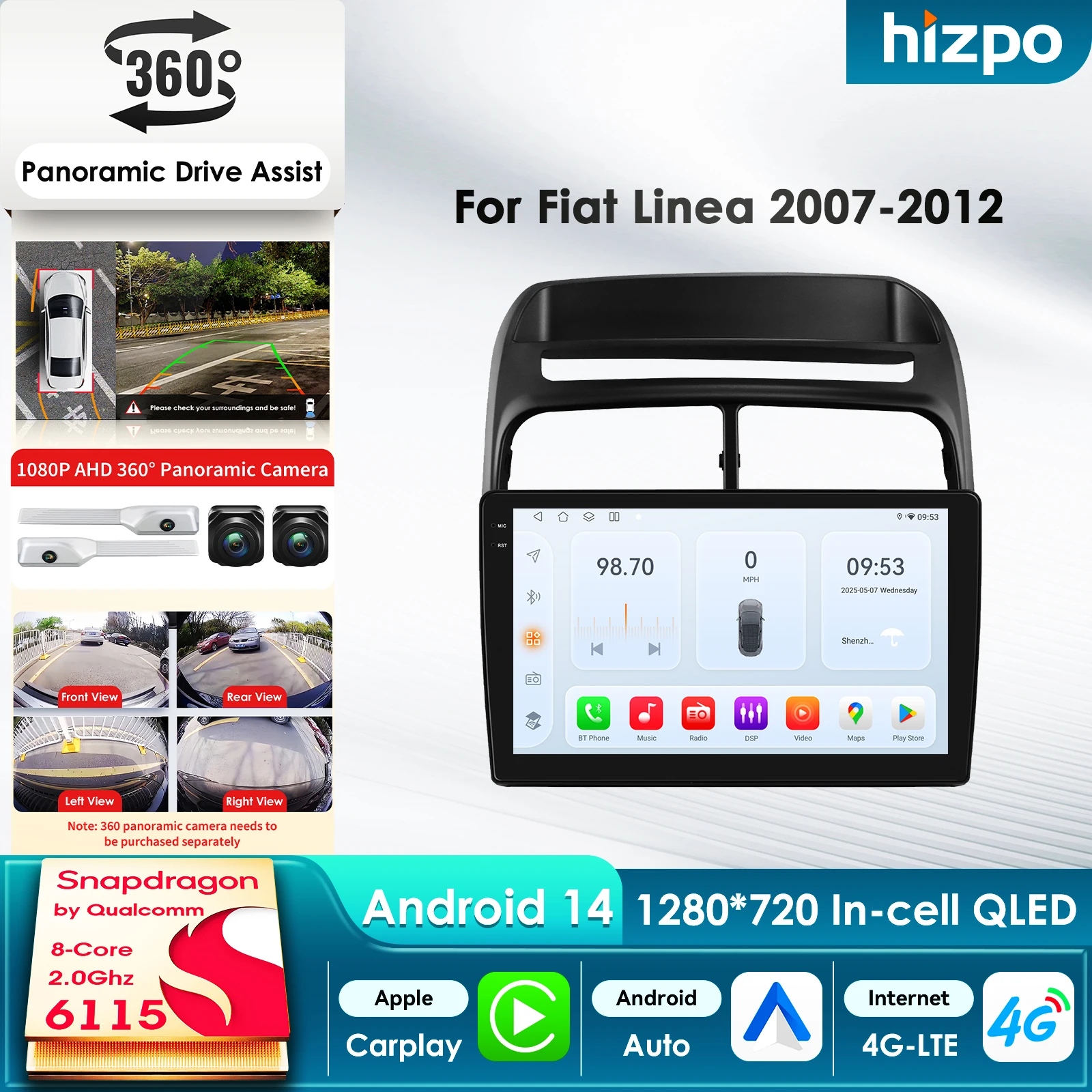 

Автомобильный мультимедийный плеер Hizpo для Snapdragon Android для Fiat Linea 2007-2012 с GPS, Carplay, 4G, AI-экраном и Wi-Fi