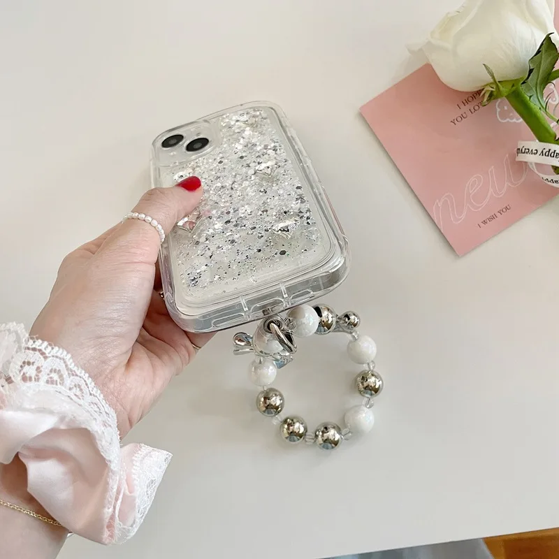 Ins الفاخرة الفضة 14ProMax 13 12 برو حالة الهاتف ل الرمال المتحركة بريق آيفون حالة 11 مع سلسلة