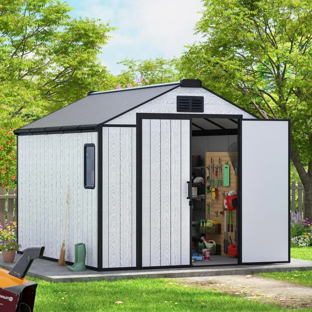 

8 x 10 FT Resin Garden Storage Shed with Floor, Outdoor Storage Shed with Windows and Lockable Door, Resin Tool Shed.