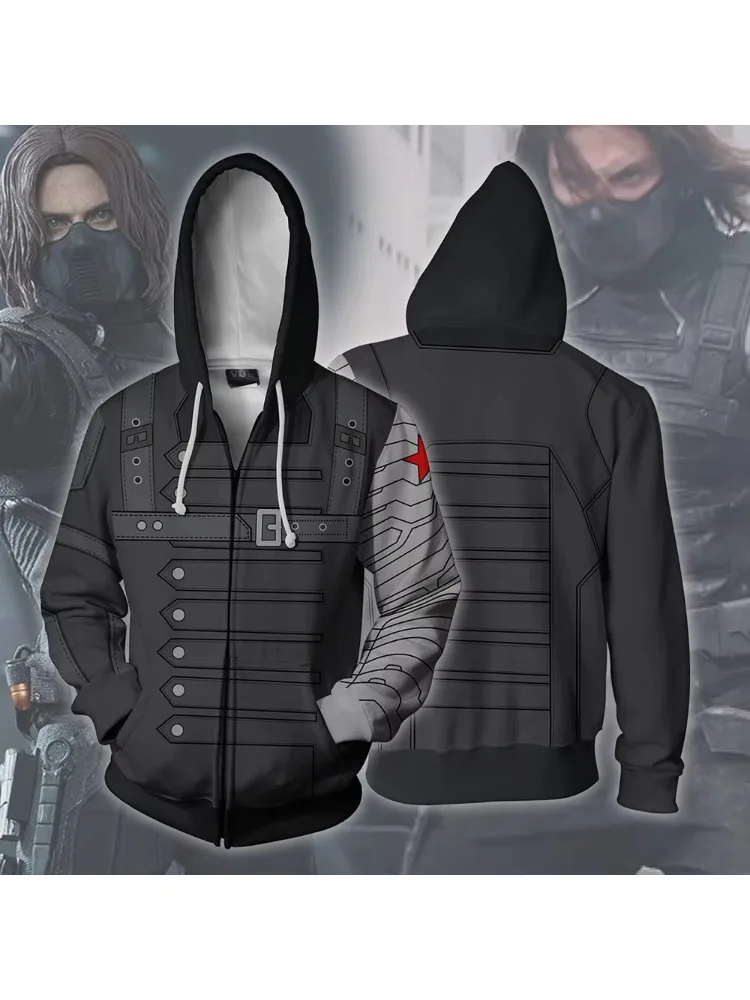 Winter Soldier Bucky Cosplay Kapuzenpullover mit Reißverschluss, 3D-Druck, Kapuzen-Sweatshirt, Unisex, Superheldenkostüm, Streetwear – Detail 2