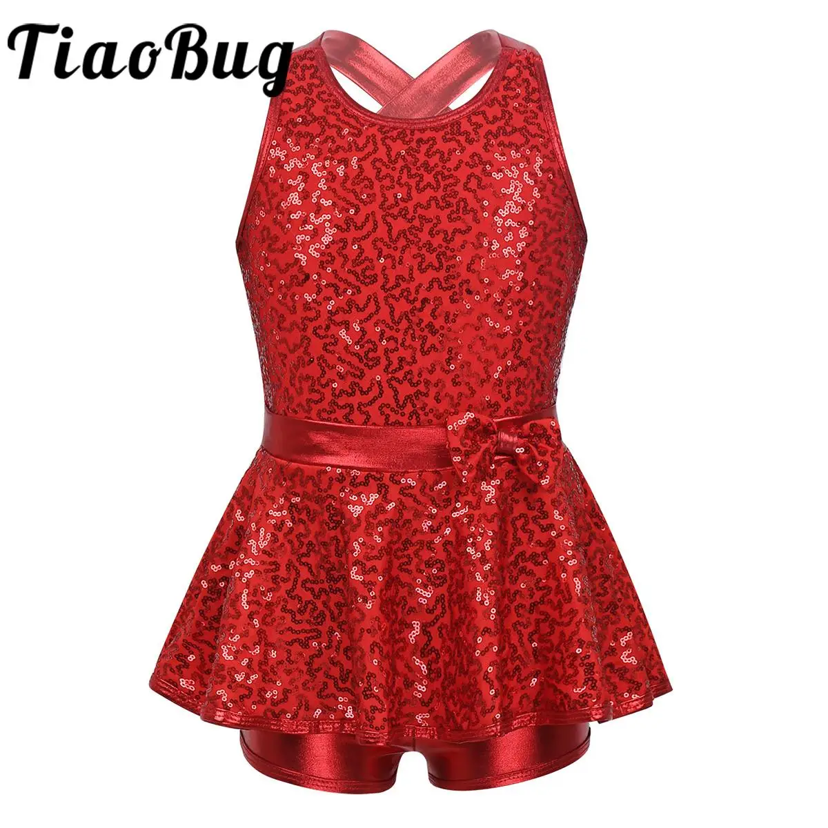 

Kids Girls Latin Modern Jazz Dancing Costume Sleeveless Sequined Criss Cross Back Waist Bowknot Ballet Dance Leotard Dress