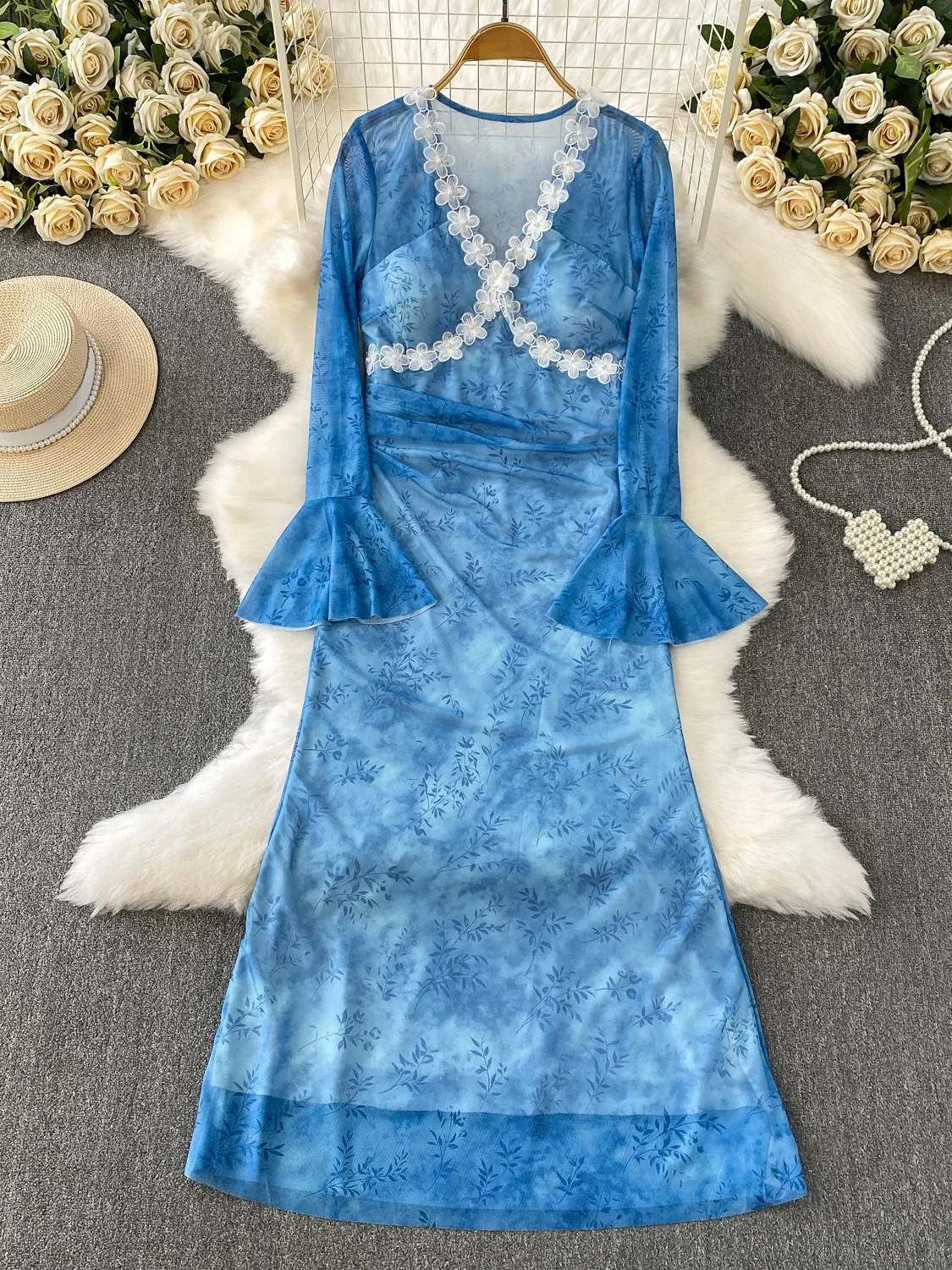 Ele v-ne Bell Sve imprimé Long Dr femme automne taille cintrée florale Nailhead Dr Faionable trajet Sle