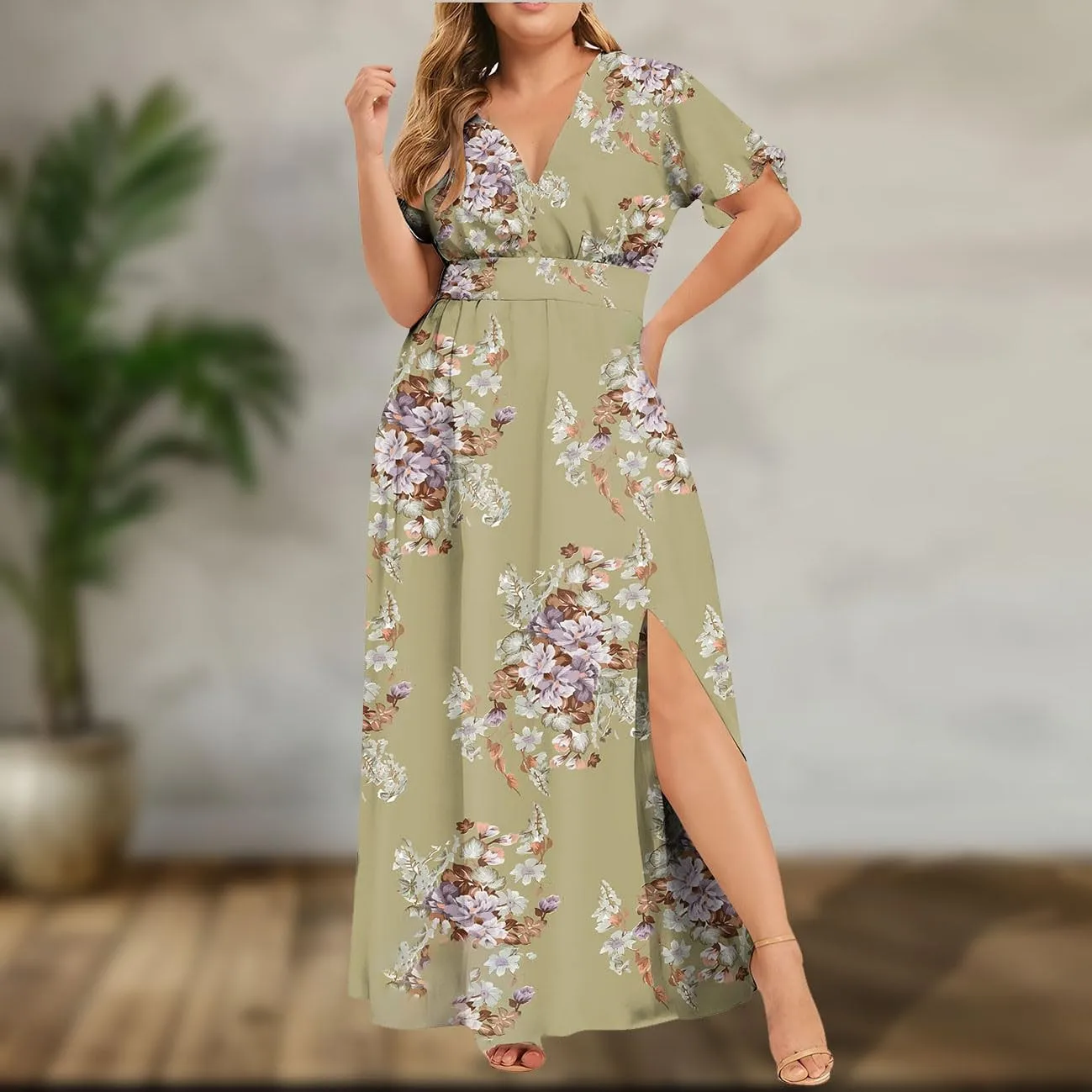 Plus Size Dresses For Curvy Women Summer Elegant Trendy Short Sleeve V Neck Maxi Dress Casual Split Long Dresses vestidos curtos