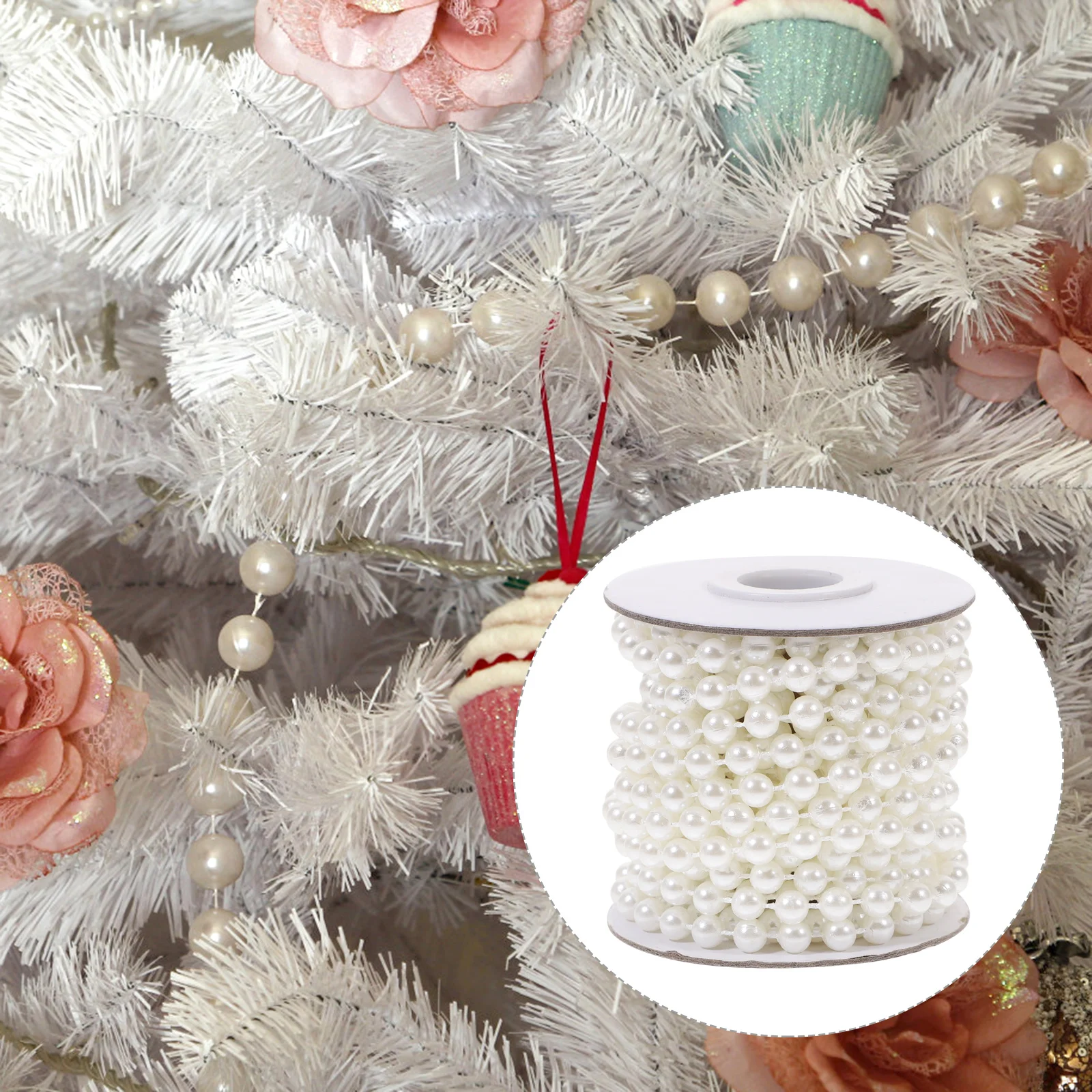 

1 Roll Pearl Bead Strand 5M Premium Bead String DIY Ornament for Gift Wrapping Christmas Window Tree Decor Garland Craft