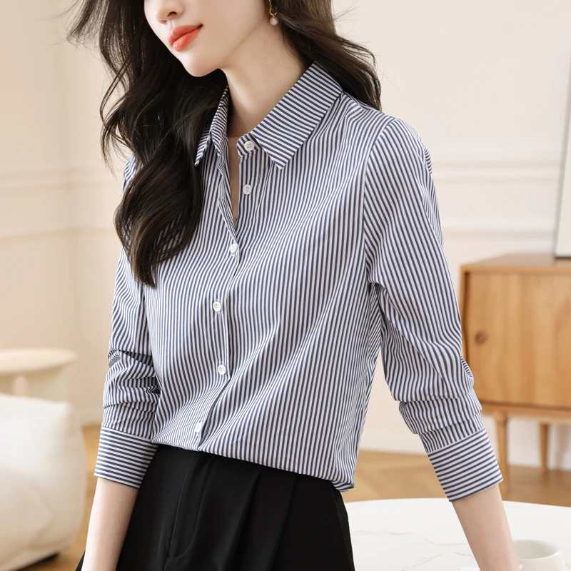 Camisa de manga larga a rayas para mujer, blusa informal con cuello vuelto, elegante, de un solo pecho, para oficina, nueva moda, 2023