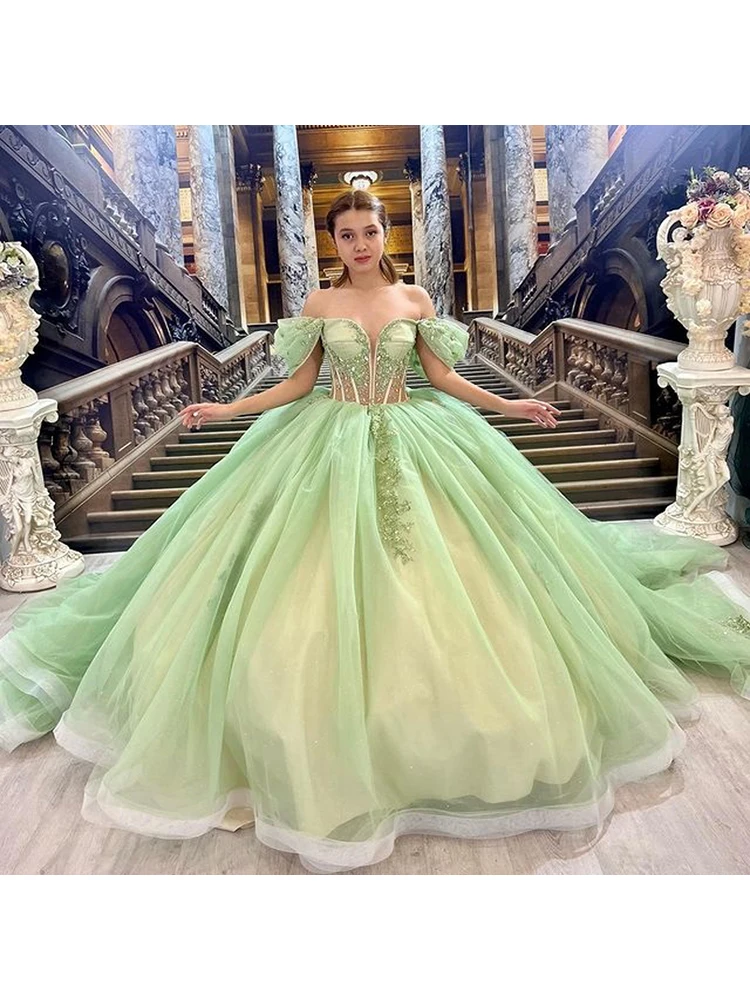 Brilhante verde noite quinceanera vestido de baile renda applique gravata cintas espartilho vestidos sexy doce 16 pageant vestido