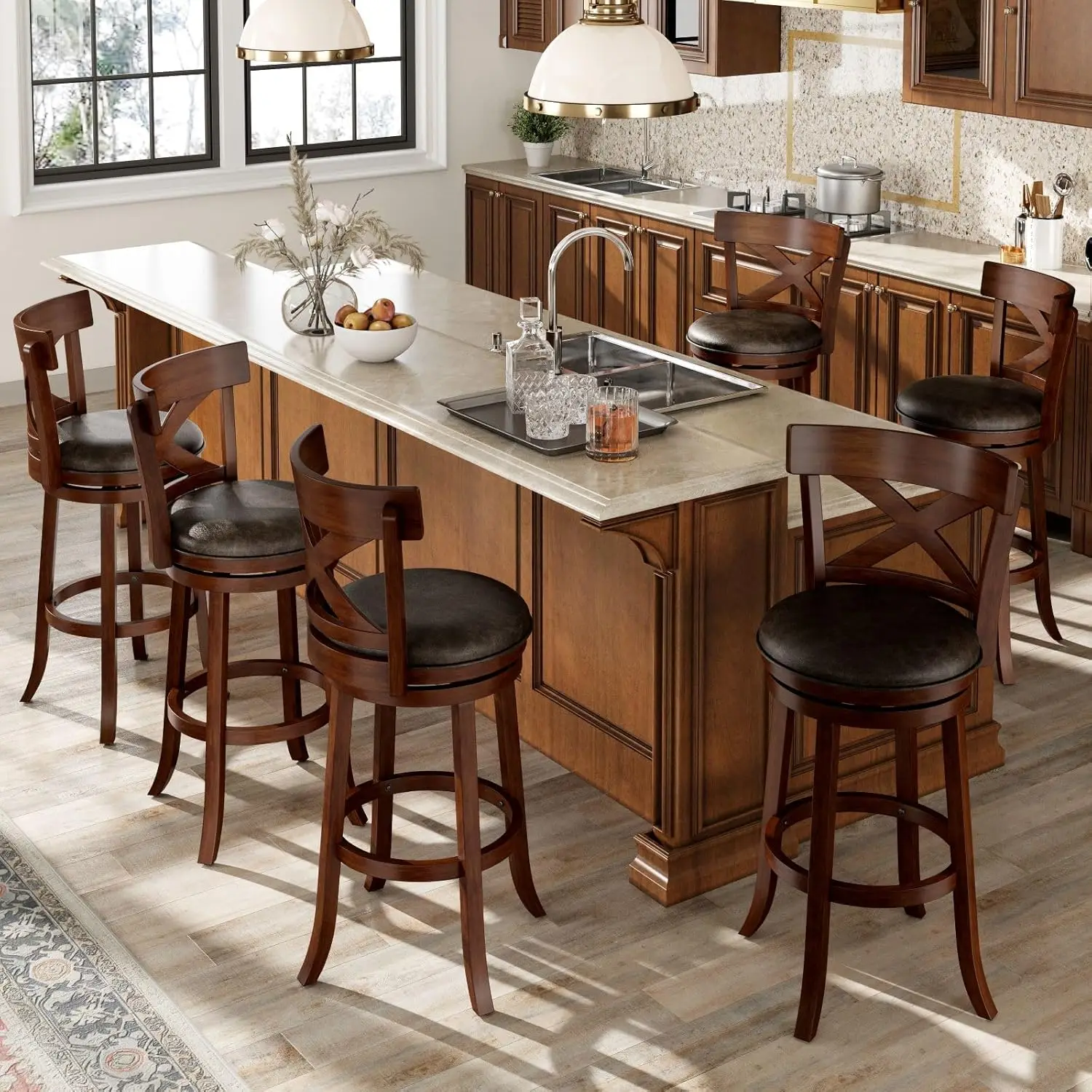 #Swivel Bar Stools Set of Cross Back Solid Wood Legs Faux Leather Kitchen Island Counter Height