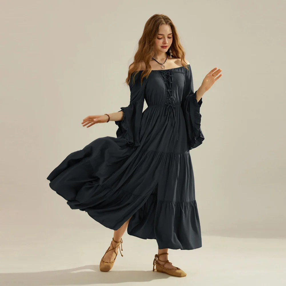 SD เสื้อผ้ากุลสตรีเดรสแบบเรอเนสซองส์เอวสูงเปิด gaun bahu terbuka แนววินเทจแบบผูกเชือกทรงสลิมฟิตเอวยางยืด