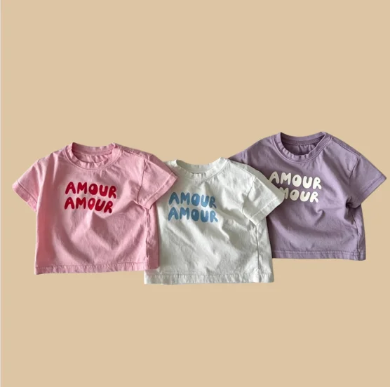 Spring and Summer Children's Pure Cotton T-Shirt - Small and Medium Size Fashion Lettered Print Solid Color Top