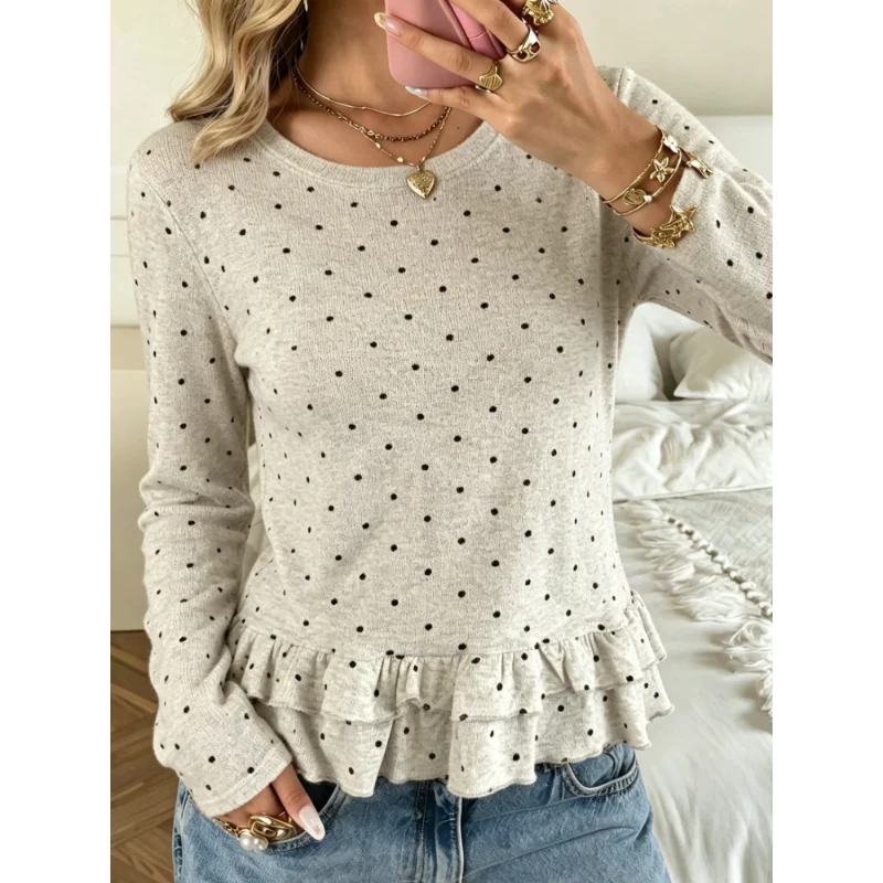 New Chic Korean Women Polka Dot Round Neck Ruffle Trim Long Sleeve T Shirt Loose Elegant Casual Versatile Basic Tops