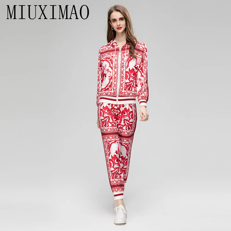 MIUXIMAO 2023 Sets for Women 2 pieces Sicily Elegant Set blue and white porcelain Print Top+ Pants Fashion Two-piece Set Women