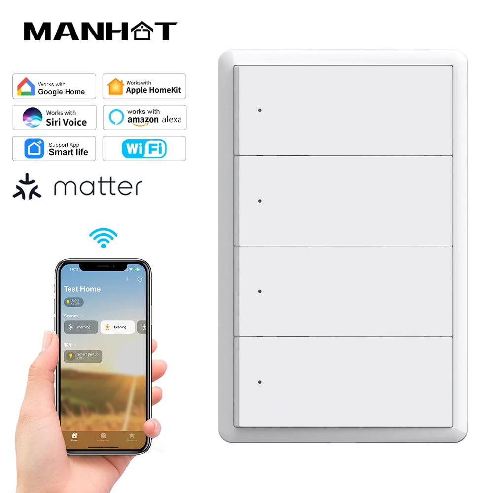 

Умный настенный выключатель Manhot Matter Wi-Fi 1 2 3 4 группы без нейтрали и с нейтральными большими физическими кнопками Homekit Siri Голосовое управление