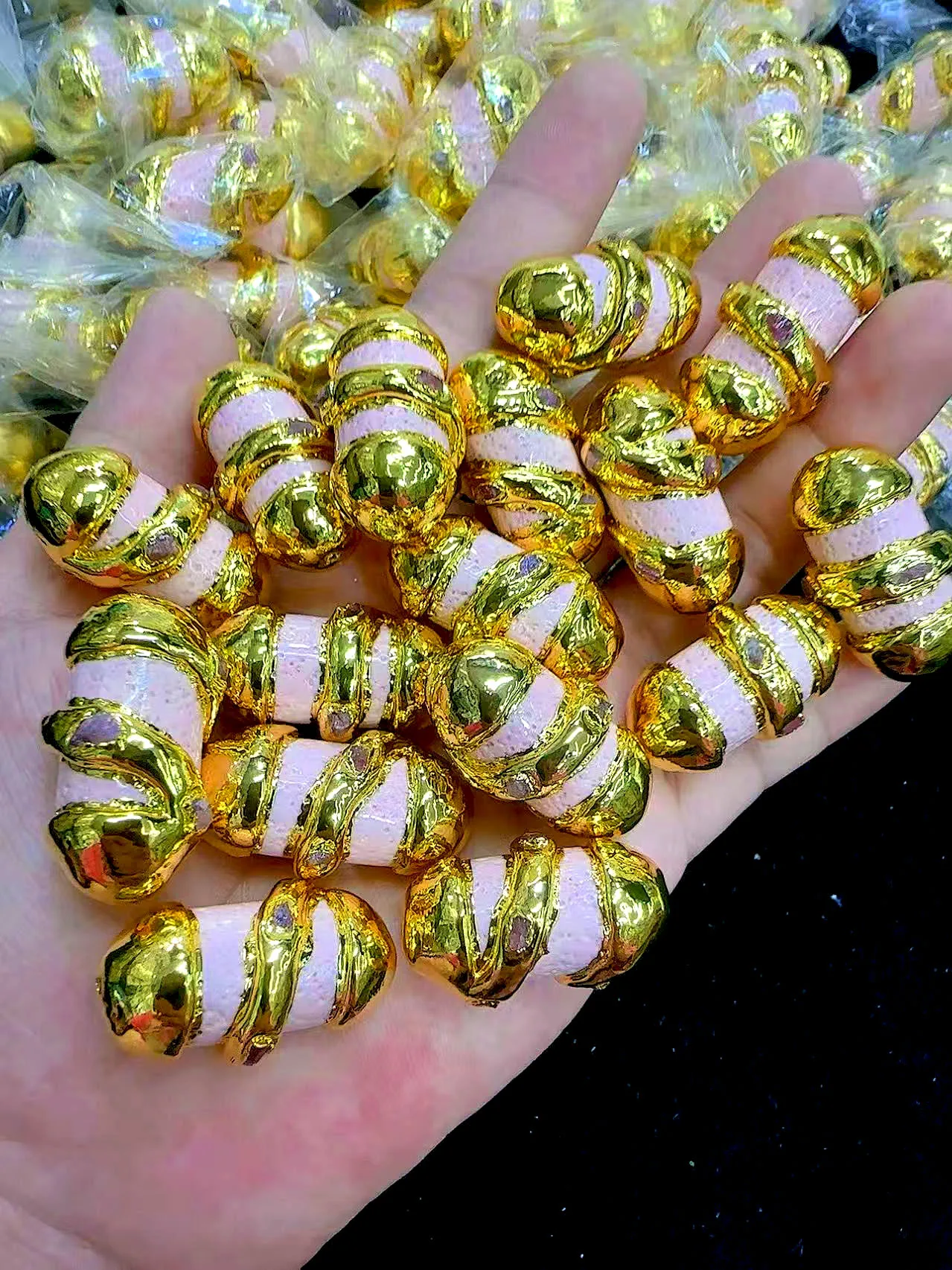 5Pcs 18x32mm Gold Plated Pink Sponge Coral Beads Set with Inlaid Red Tourmaline, DIY Bracelet Necklace Connector