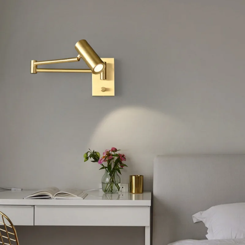 all copper extendable study wall lamp long arm rocker bedroom bedside living room sofa side reading full copper rotating
