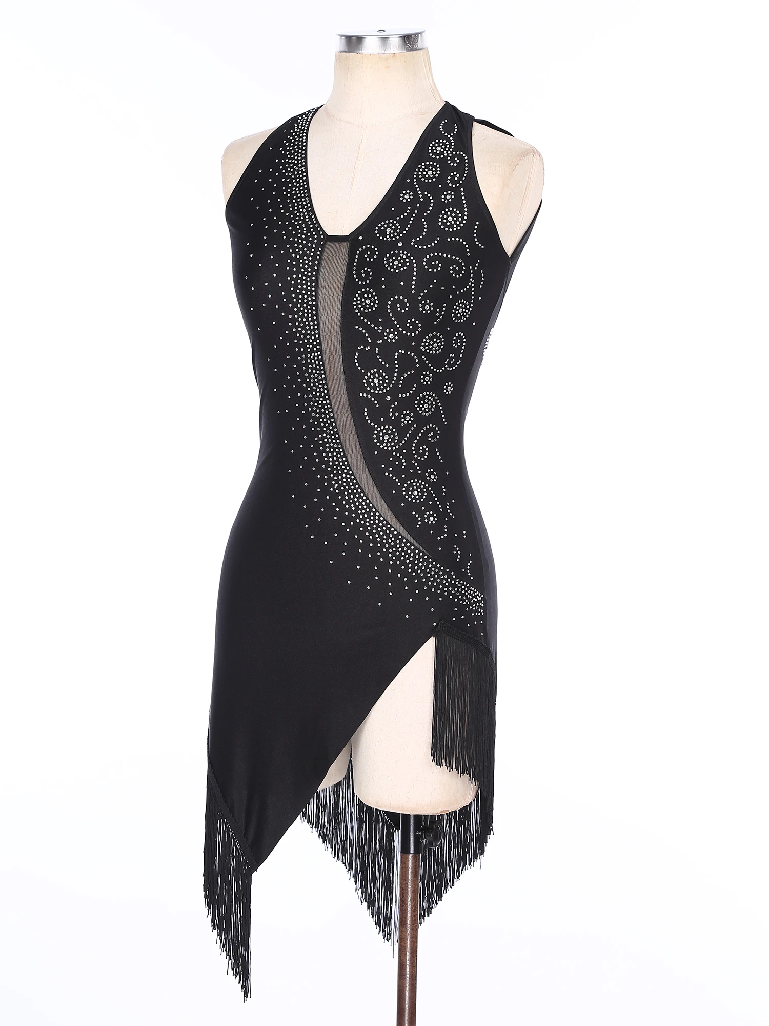 Kadınlar için Rhinestones caz Latin dans elbise püskül Leotard Bodysuit Halter kolsuz Salsa Tango dans performansı kostüm