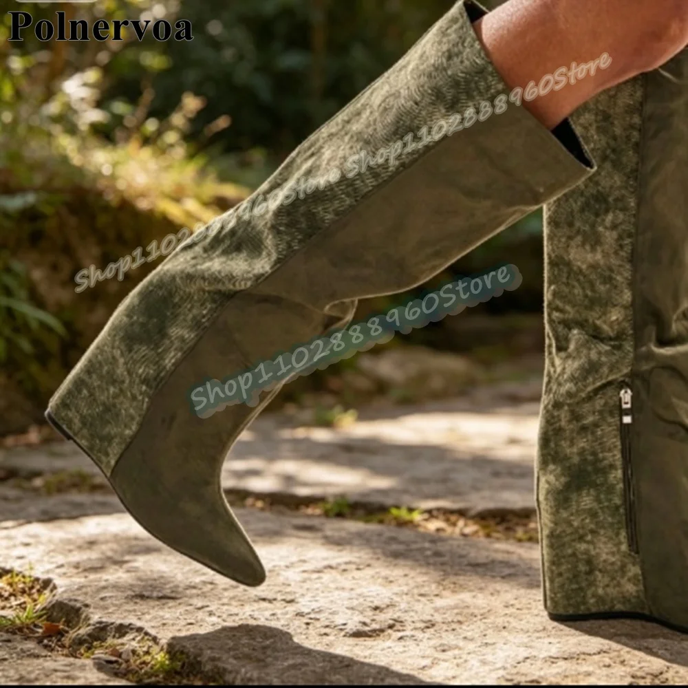 Plus Size Knee High Green Flock Casual Boots Wedges High Heel Shoes For Women Side Zipper Pointed Toe Fashion Zapatos Para Mujer