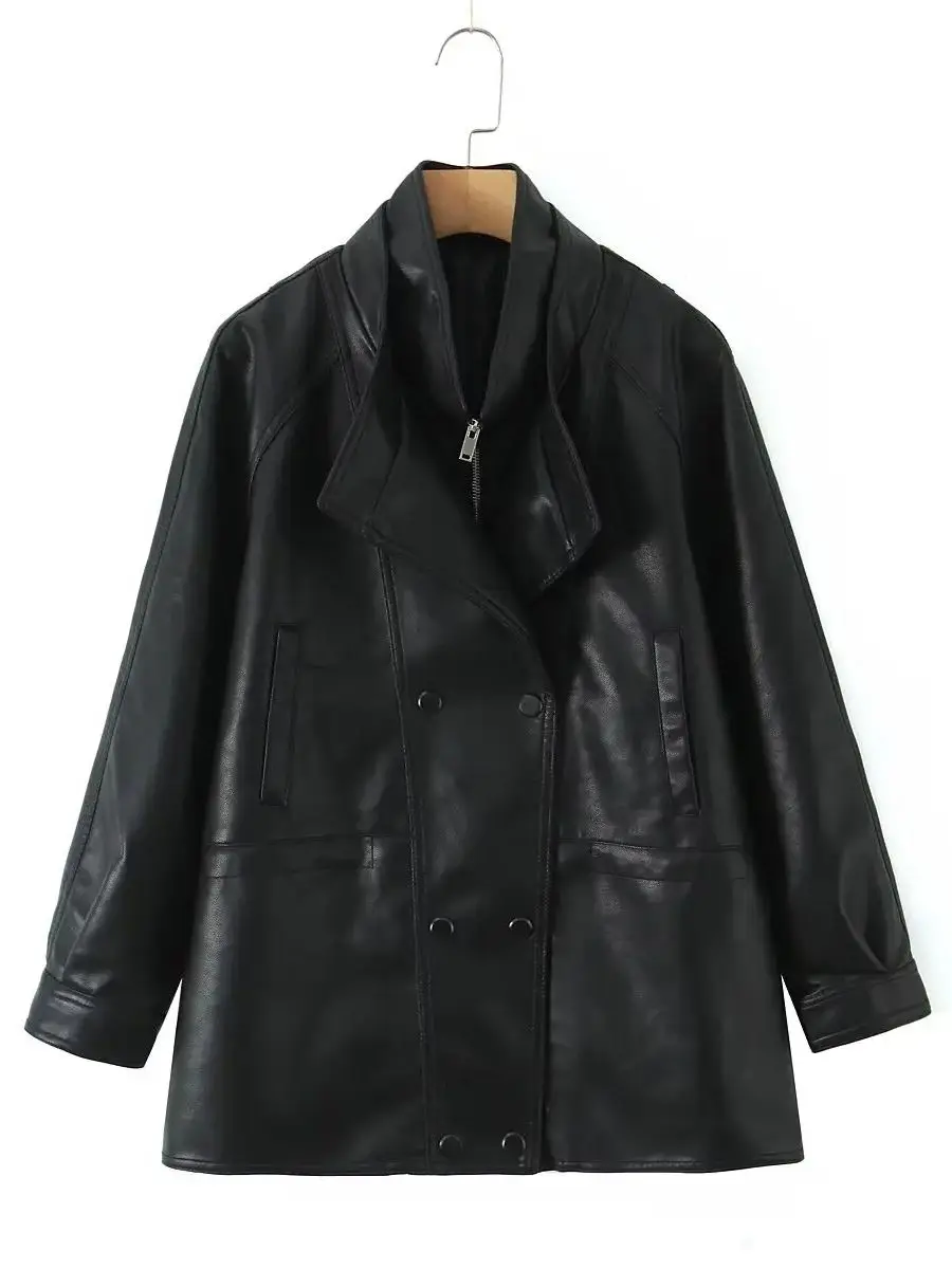 Damskie kurtki motocyklowe w stylu retro vintage z imitacji skóry PU, luźne, długie, oversize, streetwearowe, model BF, kolekcja 2025