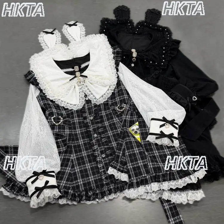 Original Japanese-style Mass-produced Lace Dress Detachable Ears Cute Soft Girl Tweed Long-sleeve Dress Shorts Set Spring Women