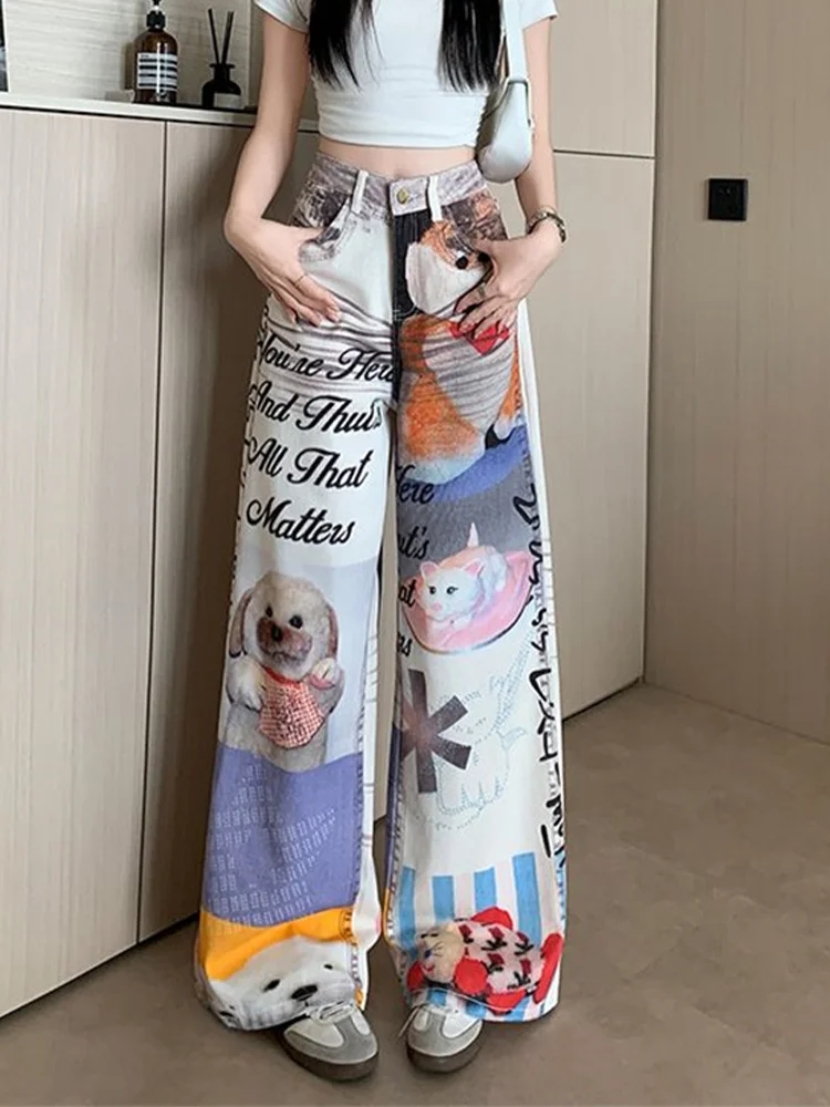 

Women's Cartoon Graffiti Jeans Y2K Harajuku Cute High Street 2000S Style High Waist Wide Leg Retro Casual Jeans Pants Clothing