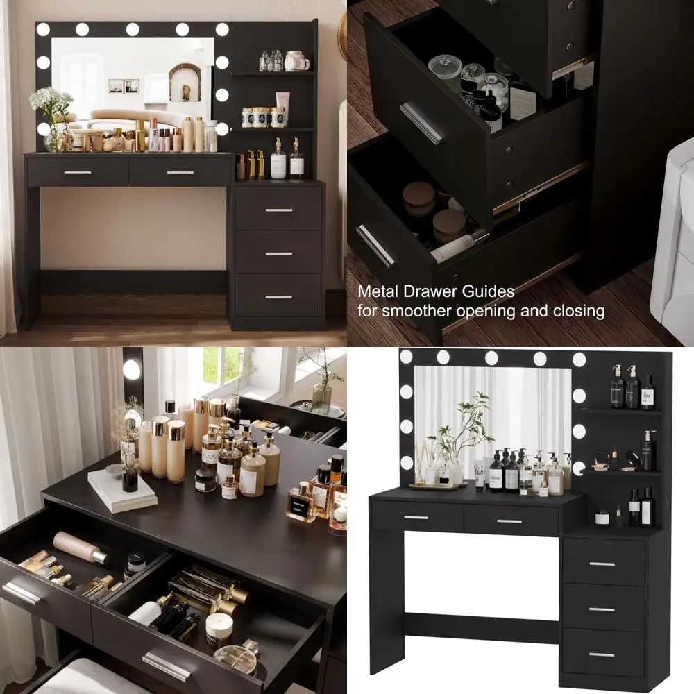 طاولة زينة كبيرة مضاءة بمرآة مع رف تخزين و5 أدراج، مكتب مكياج لغرفة النوم مع مساحة تخزين كبيرة لتنظيم المكياج #1