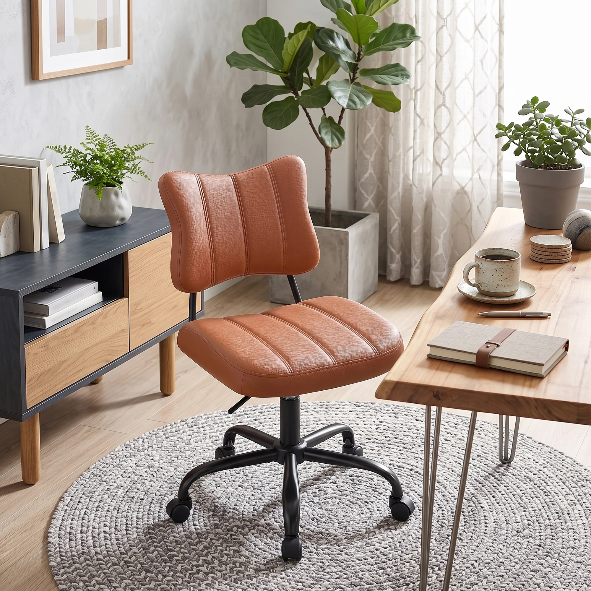 Ergonomic Butterfly Stitched Backrest Office Chair PU Leather Comfortable 360° Swivel Height Adjustable Task Chair with Silent Casters for Home Workspace